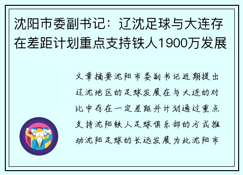 沈阳市委副书记：辽沈足球与大连存在差距计划重点支持铁人1900万发展